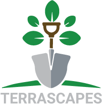 Terrascapes logo: 3 color use of a shovel and tree to resemble the T for Terrascapes. It uses the handle of the shovel as the trunk of the tree and the shovel impales the ground. Colors are green, brown and grey.