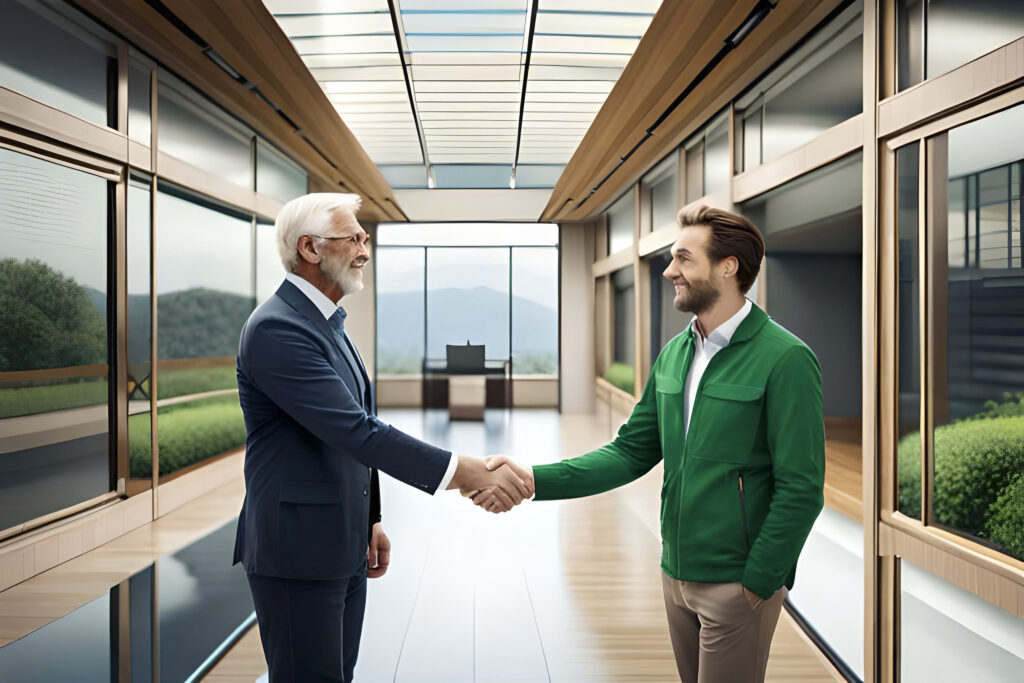 Landscape company owner shaking hands with commercial property owner.